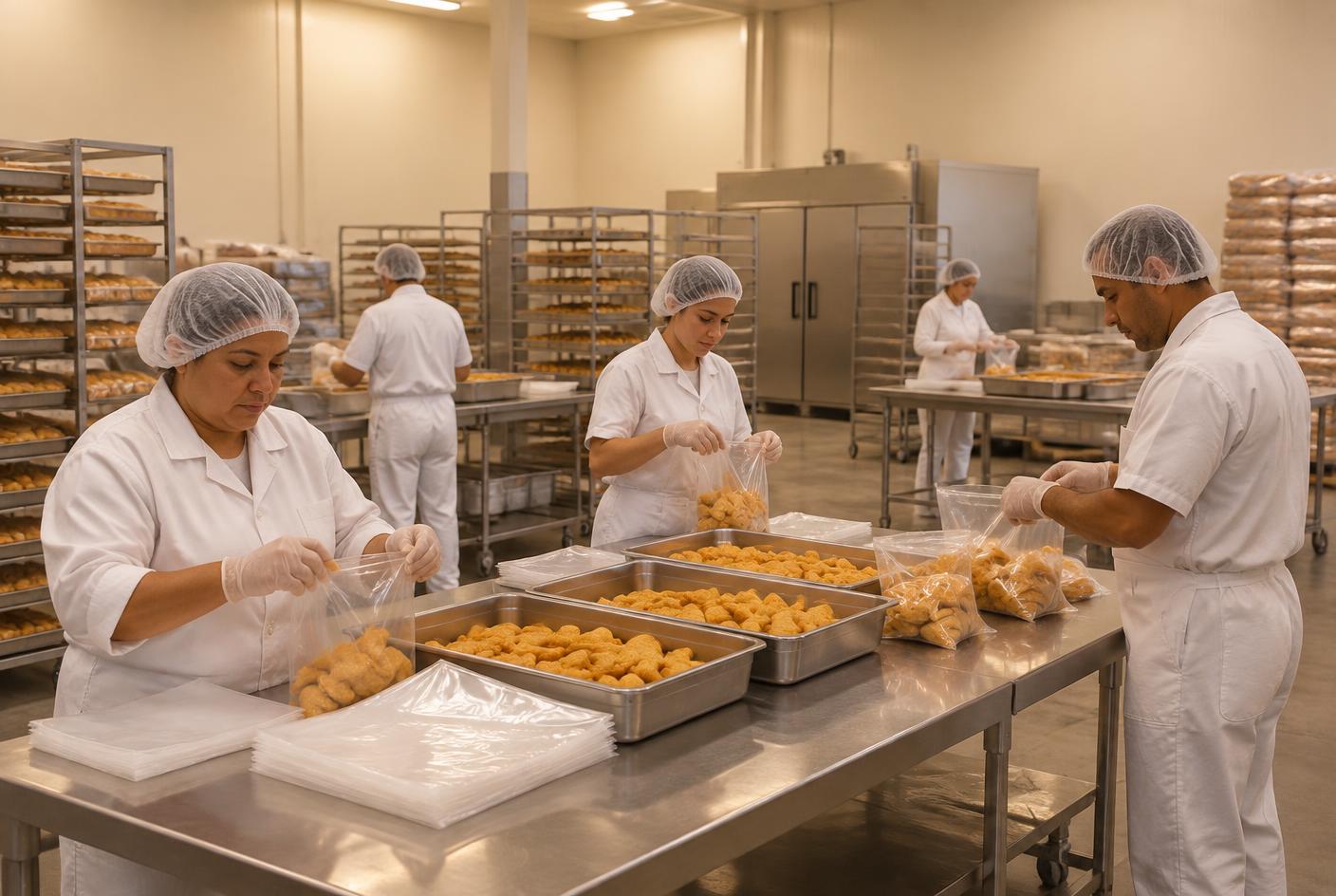 Equipe embalando salgados congelados em bandejas de inox dentro do galpão de produção