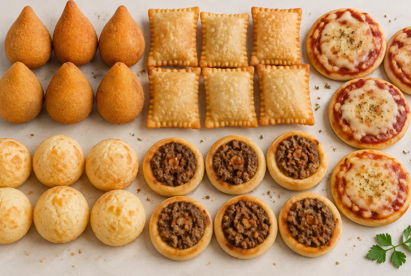 Mix de mini salgados: mini coxinhas, mini pastéis, pães de queijo, esfihas e mini pizzas